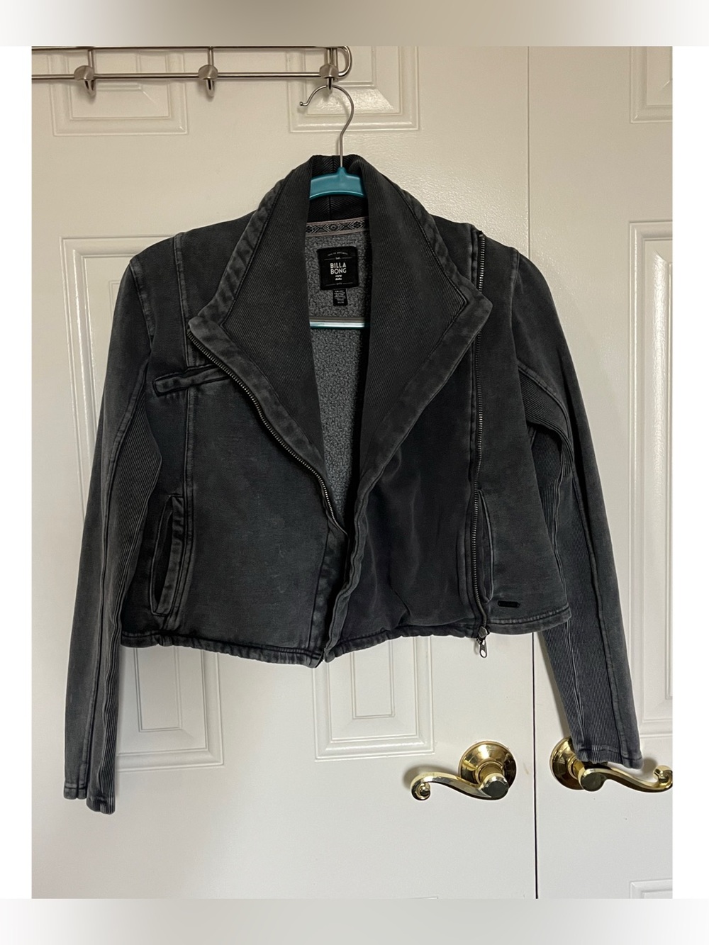 Billabong Women's Dark Gray Asymmetrical Cropped Moto Jacket Medium